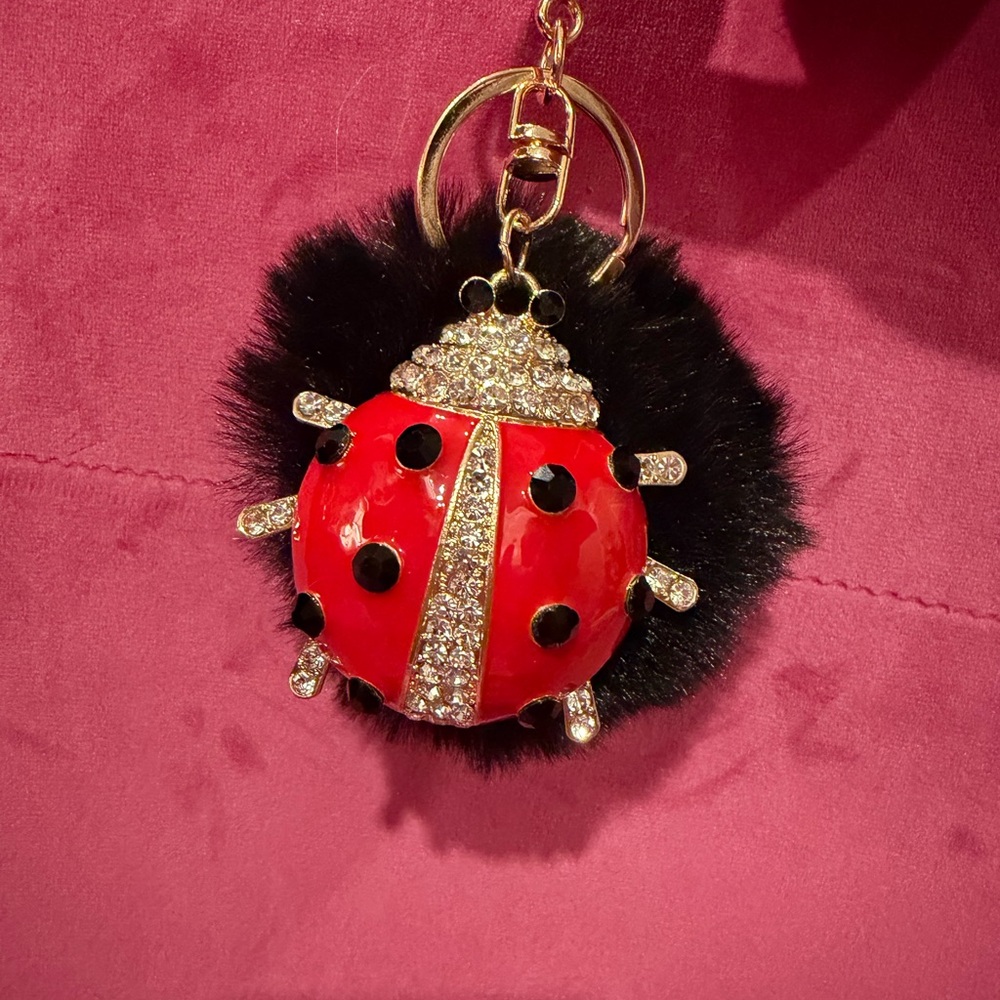 Ladybug Crystal Pom Keychain - Black & Red Charm